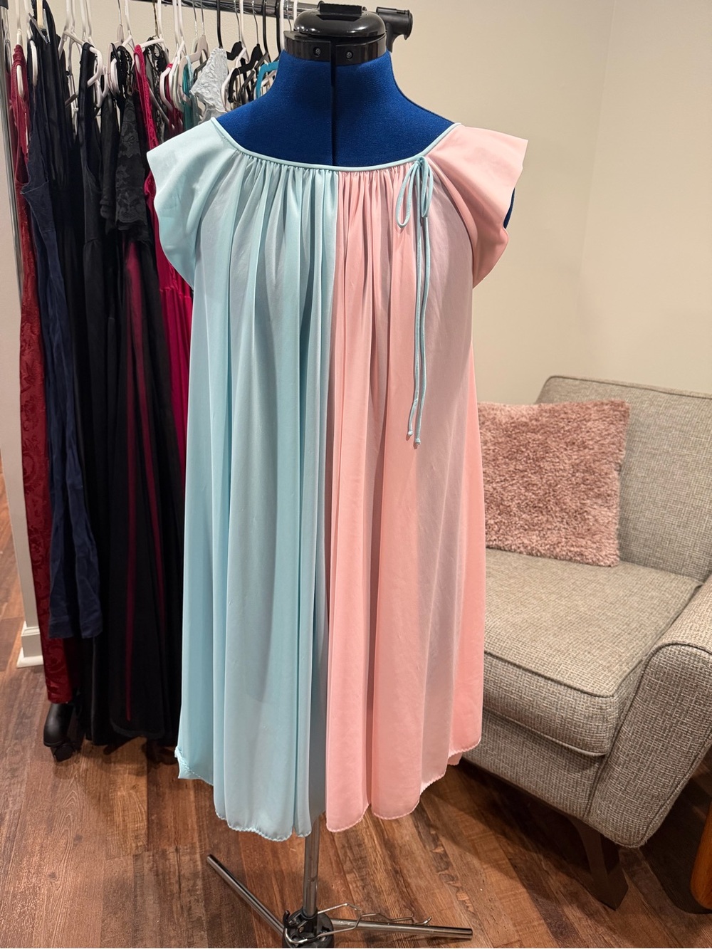 Vintage Colony Club Two-Tone Pink & Light Blue Flowing Nightgown Retro